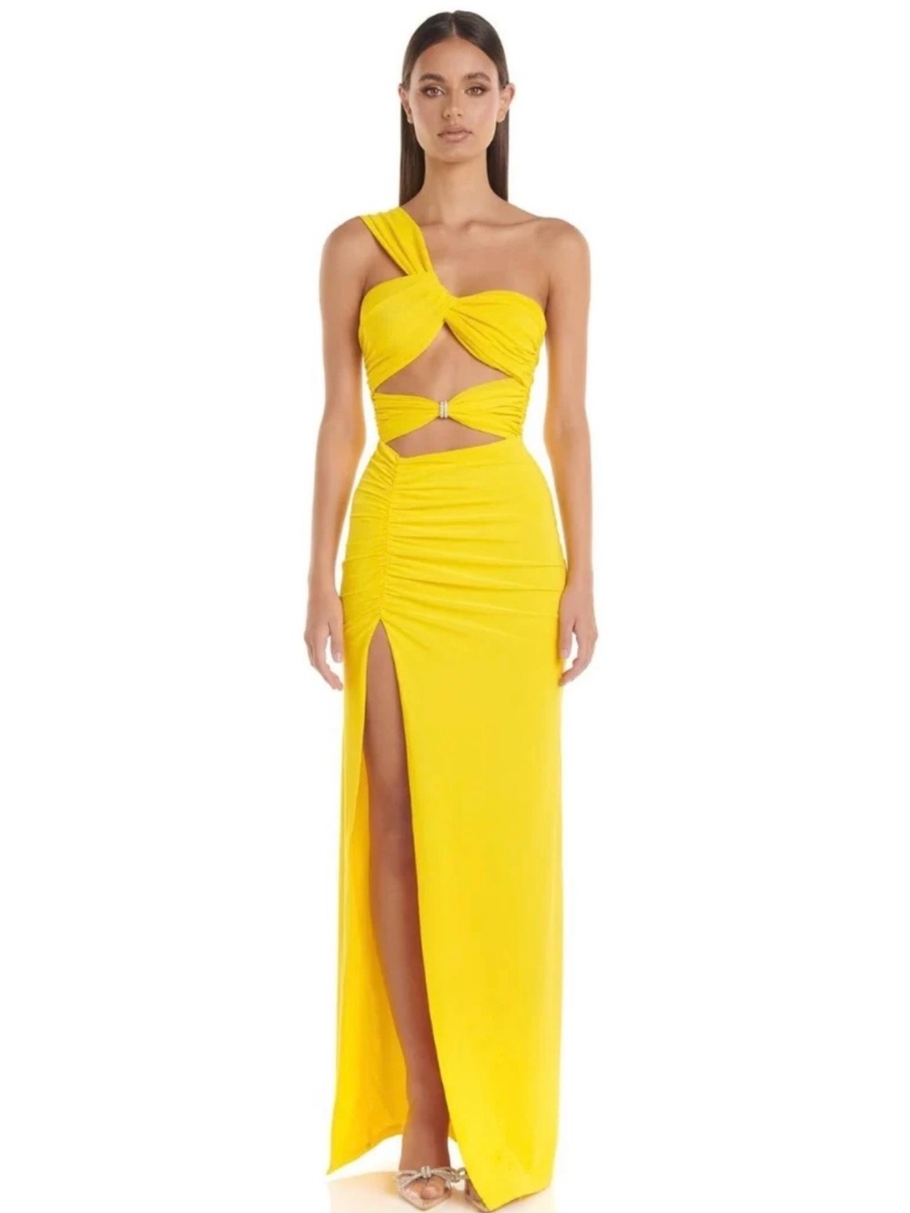 Angel Lane Yellow Ruched Prom Dress - Picture 3 of 5